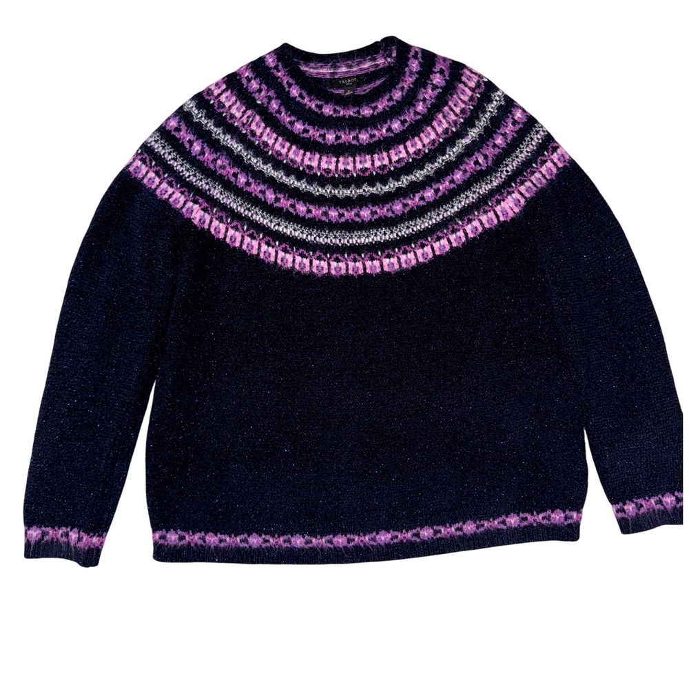 Talbots Petite Navy Metallic Fair Isle Sweater Purple Pink Sparkle Sp Small P
